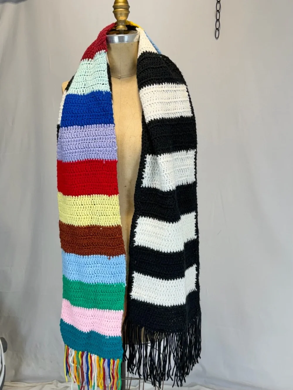 Crochet‎ scarf set long fringe rainbow multicolor black white stripe bold funky